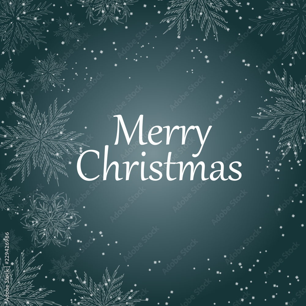 Merry Christmas . White text with snowflakes on blue background. Christmas holidays typography. Vector