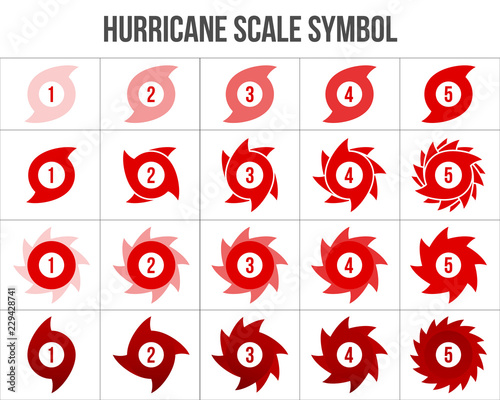 Creative vector illustration of hurricane scale indication icon symbol set isolated on transparent background. Art design vortex, typhoon, tornado funnel, wind storm. Abstract concept graphic element