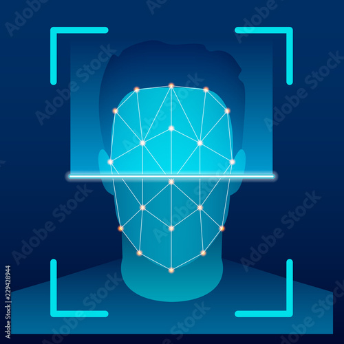 Creative vector illustration of biometric face verification scan, identification scanning system on background. Art design high technology detection template. Abstract concept graphic element