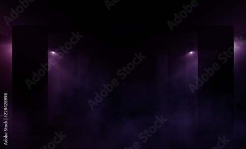 Background of an empty room with columns, parking, basement, neon light, smoke, smog