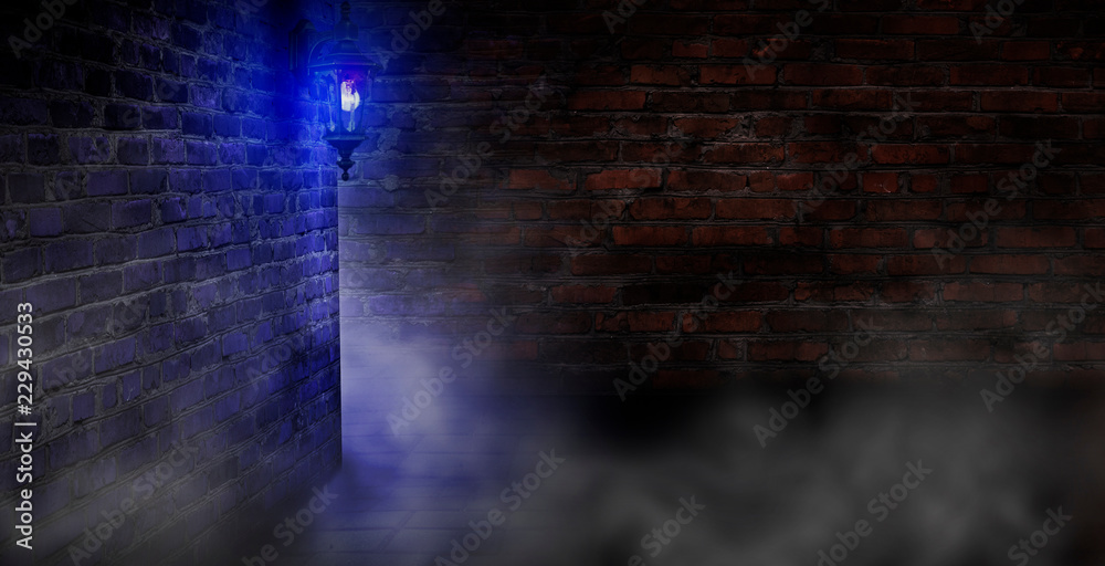 Dark street of the old town with a large lantern, night view, old brick walls, a dark gloomy background with smoke and neon light. Neon night city.