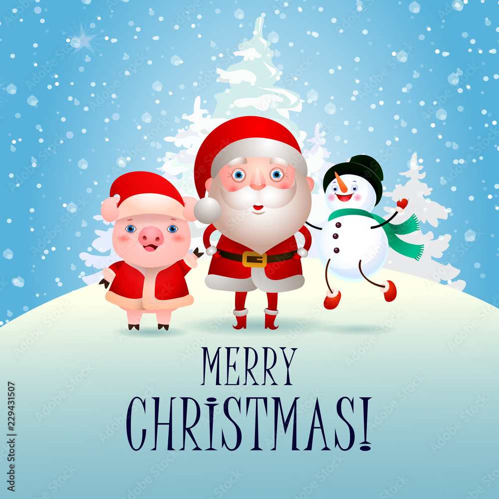Merry Christmas with cute characters. Creative lettering with cartoon characters of Santa Claus, snowman and pig with snowy white trees. Can be used for postcards, banners Merry Christmas with cute characters. Creative lettering with cartoon characters of Santa Claus, snowman and pig with snowy white trees. Can be used for postcards, banners