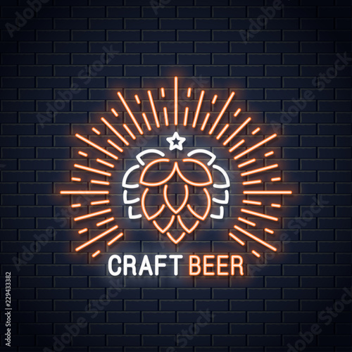 Beer neon banner. Craft beer neon sign on wall background