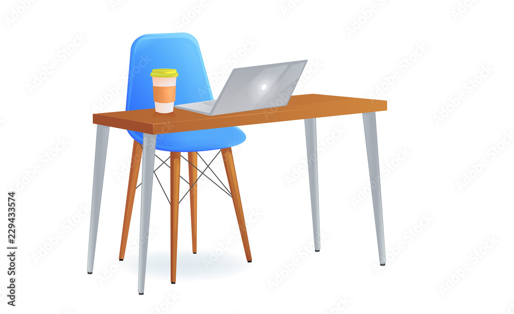 Office chair with table and laptop and take away coffee. Modern furniture for workplace Office chair with table and laptop and take away coffee. Modern furniture for workplace