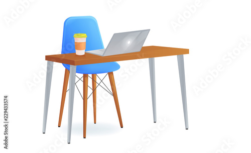 Office chair with table and laptop and   take away coffee. Modern furniture for workplace