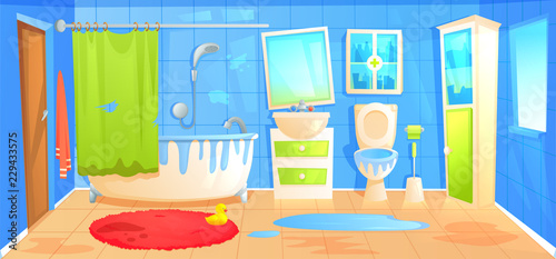 Dirty Bathroom design interior room with ceramic furniture background template. 