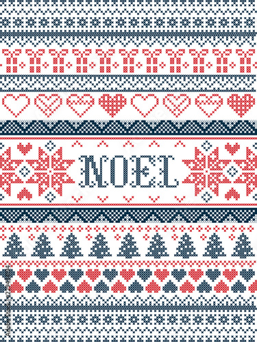 Vector Christmas  pattern Noel inspired by  festive, winter Nordic culture in cross stitch with hearts, christmas present, decorative ornaments, snowflake, christmas tree, stars, snow in red ,blue