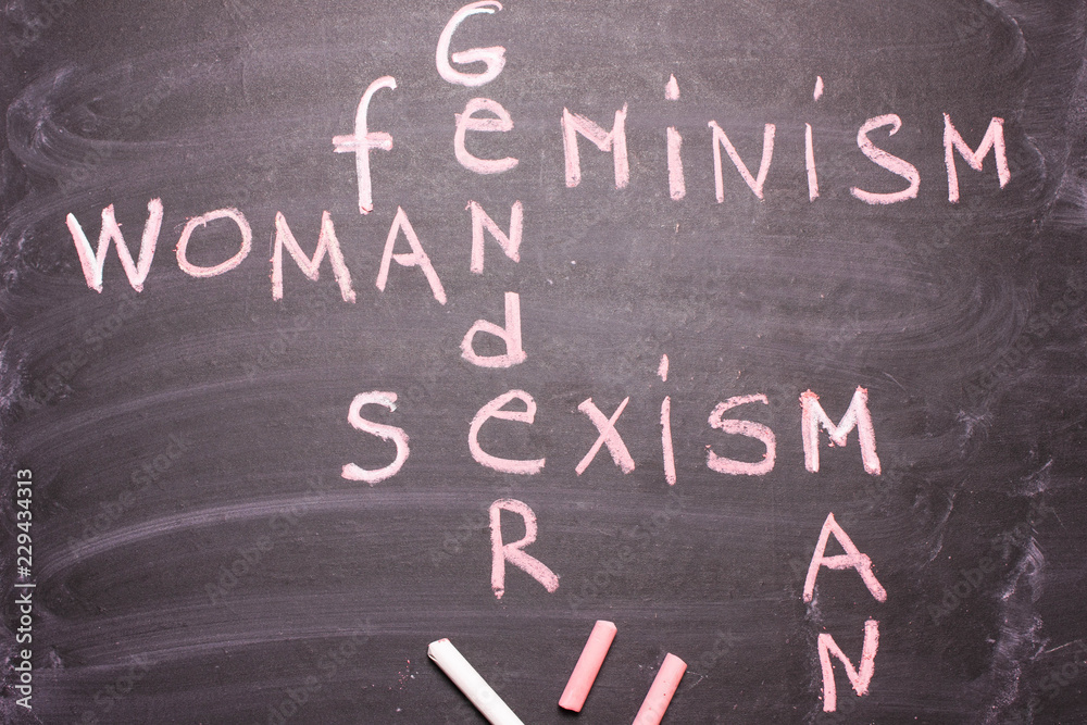 Fototapeta premium Words gender, sexism, feminism written in pink chalk