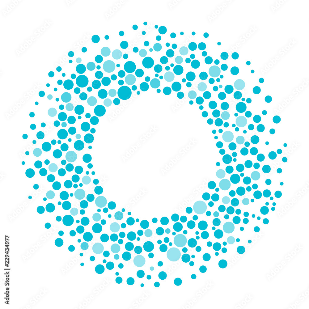 Round dots frame with empty space for your text. Frame made of blue spots or dots of various size. Circle shape. Shades of blue abstract background