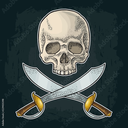 Skull and crossed pirate sabers. Vintage engraving isolated on white