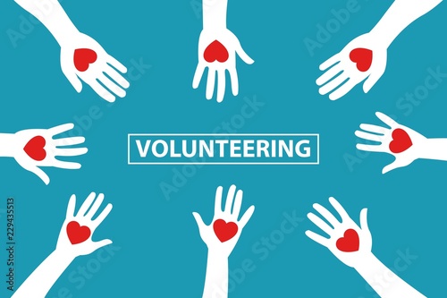 hands in circle giving red hearts, volunteering text in center
