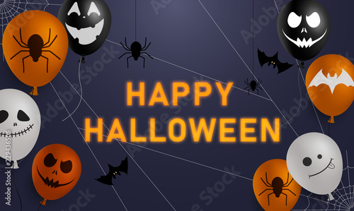 Happy Halloween card with bats, spiders and balloons with scary faces.