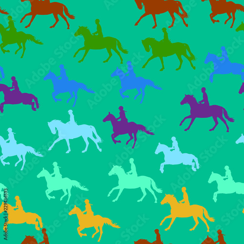 Colored outlines of horseman s which riding and jumping.