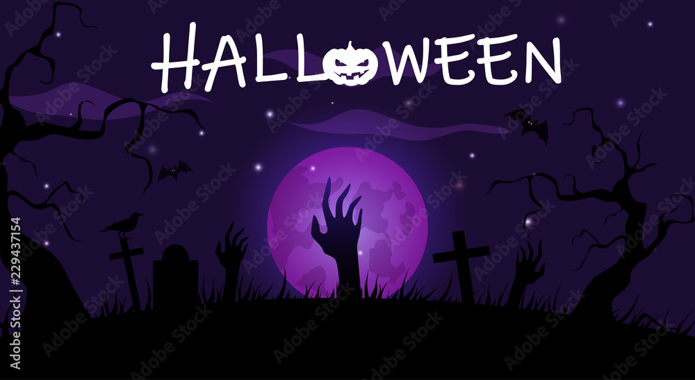Purple Halloween poster with full moon and night cemetery.