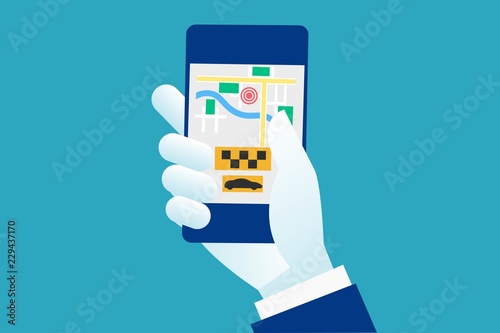 Taxi service. Smartphone and touchscreen, city skyscrapers.
