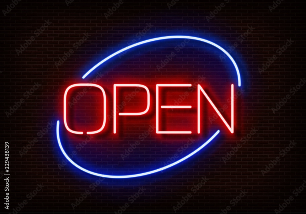 Neon Open sign light vector isolated on dark red brick wall. Night frame light decoration. Realistic