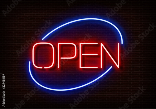 Neon Open sign light vector isolated on dark red brick wall. Night frame light decoration. Realistic