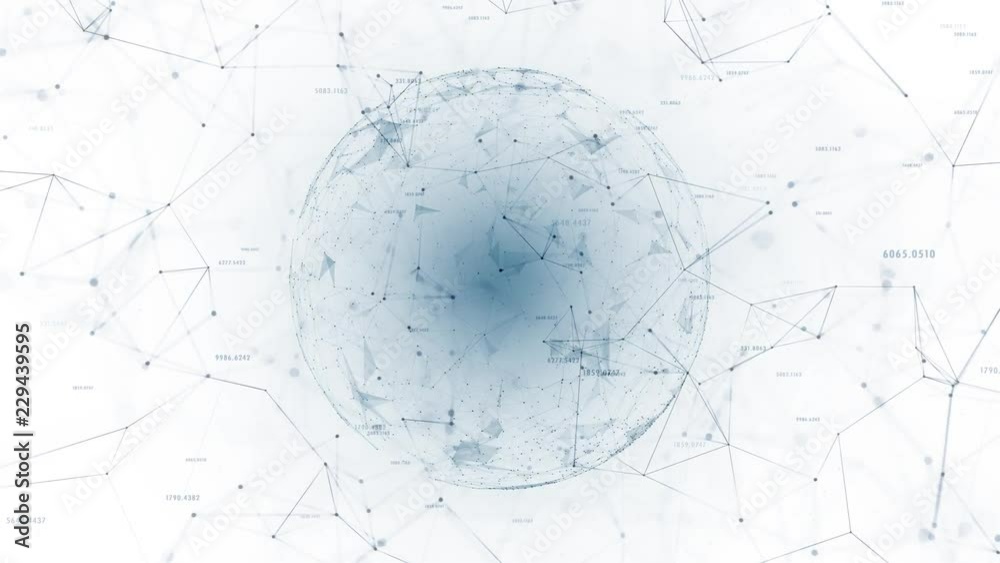 Cyberspace network sphere with flying random numbers, lines, dots on white background. 