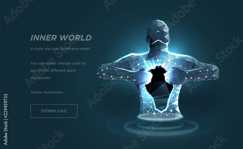 Human torso low poly wireframe art on blue backgraund. The concept of self-knowledge or therapy in a psychologist. Polygonal illustration with connected dots and polygon lines.3D vector wireframe mesh