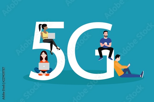 Flat people with gadgets sitting on the big 5G symbol