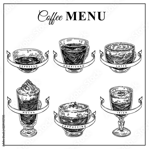 Vintage menu. Different types of coffee preparation. Espresso, americano, latte, mocha, cappuccino and coffee Irish. Engraving style. Vector illustration.
