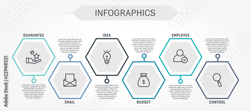 Flat line vector illustration. Infographic template with six elements, hexagons and text. Timeline step by step. Designed for business, presentations, web design, diagrams, training with 6 steps