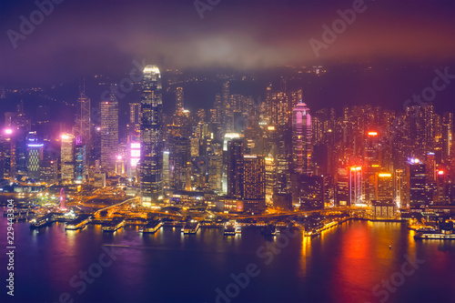 Aerial view of illuminated Hong Kong skyline. Hong Kong  China