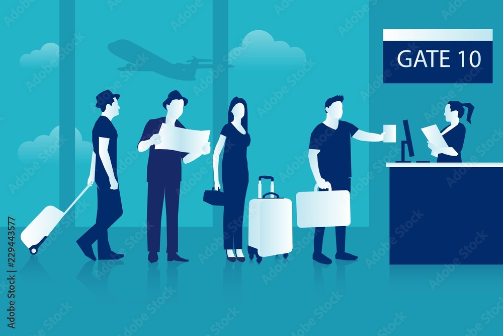 People at the boarding gate People at the boarding gate