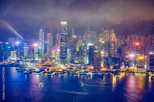 Aerial view of illuminated Hong Kong skyline. Hong Kong, China © Dmitry Rukhlenko
