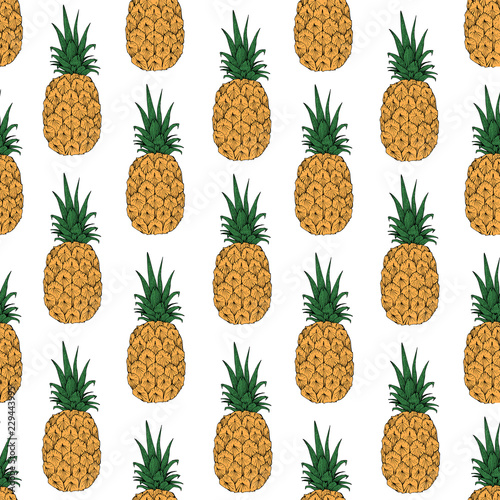 Pineapple whole and slices seamless pattern, vector
