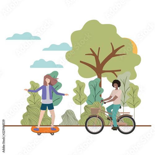 couple doing sports in landscape avatar character vector illustration design