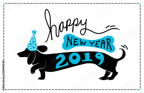 Happy New Year 2019 background design with cute fun dachshund doxie dog wearing blue party hat with bone pattern and 2019 typography on the puppy vector silhouette