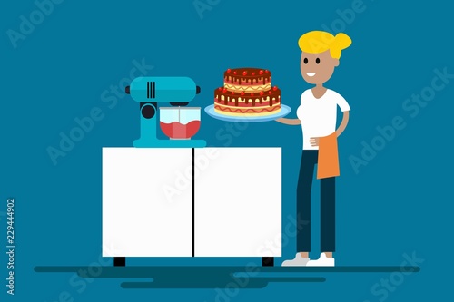 Cheerful character of confectioner with cake