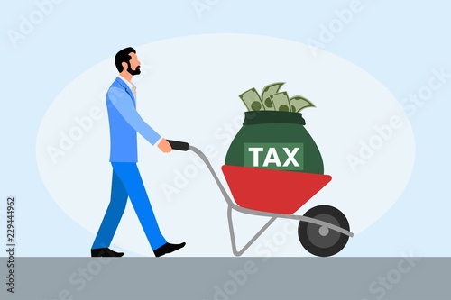 Businessman carrying cart of tax money