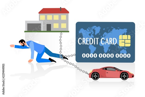 Flat style of man chained to debts payment