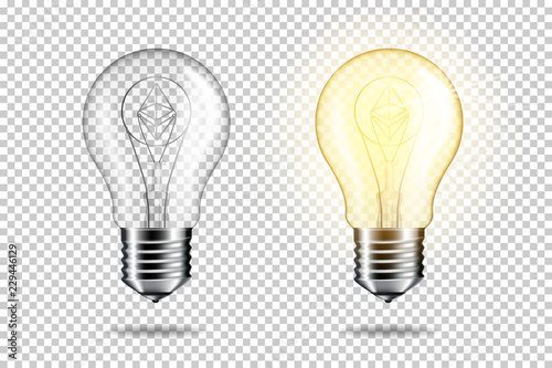 Transparent realistic light bulb with etherium, isolated.