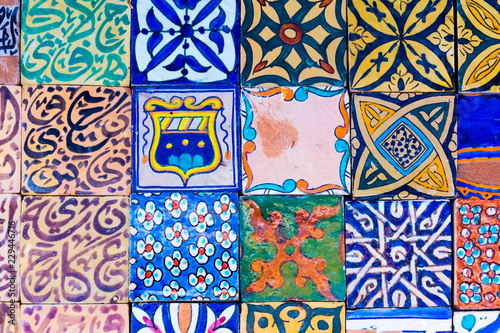 Beautiful handmade tiles of the blue media in Chefchaouen in Morocco © pszabo