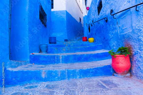 Beautiful blue street of the blue medina of Chefchaouen, Morocco in Africa © pszabo