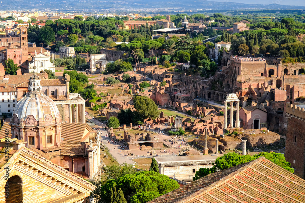 Beautiful view of the archaeological zone in picturesque Roman ruins, Ruins of Ancient Rome.