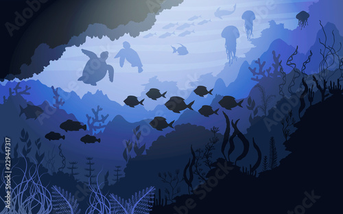 Coral reef and Underwater wildlife on blue sea background