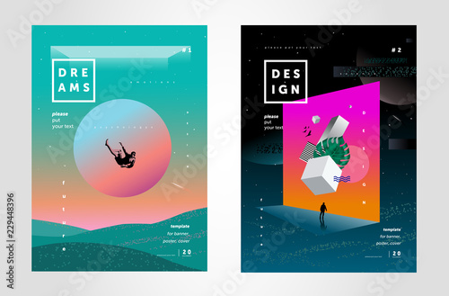 Future, illusions and dreams. Vector illustration of abstract backgrounds for crazy cover, poster or brochure, space banner on the themes of creativity and design