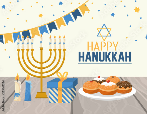 hanukkah decoration with party flags and candles