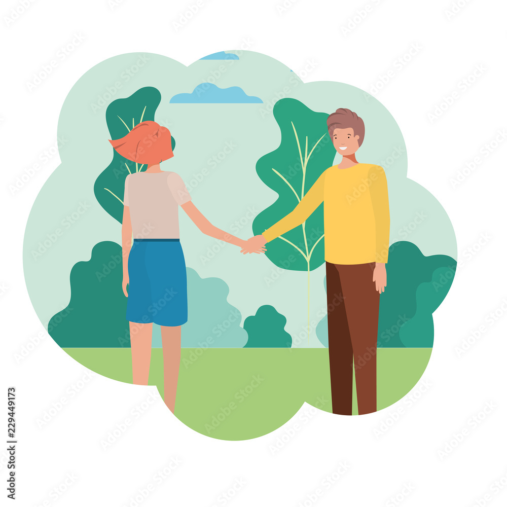 couple holding hands with landscape avatar character couple holding hands with landscape avatar character