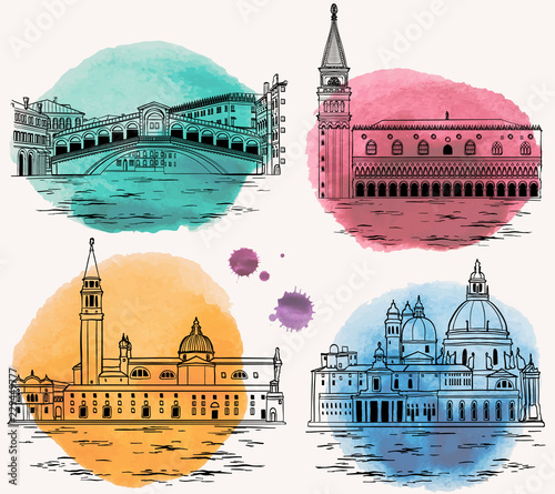 Venice watercolor landmarks and tourist attractions set.