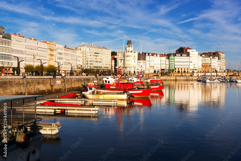Coruña marina and fishing  port with boats and typical buidings ,  Galicia , Spain