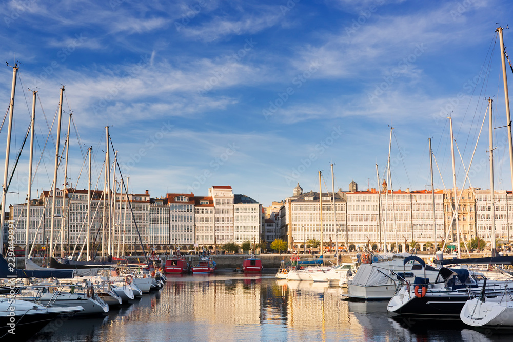 Coruña marina  port with boats and typical buidings ,  Galicia , Spain