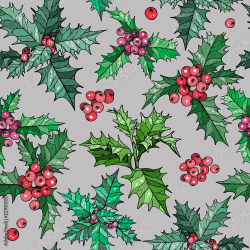 Seamless pattern with christmas flowers and red berries