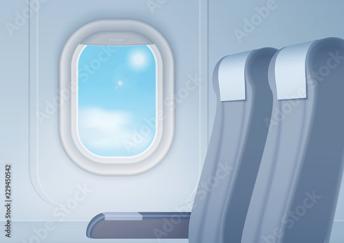 Aircraft interior with realistic smooth window and seats vector illustration.