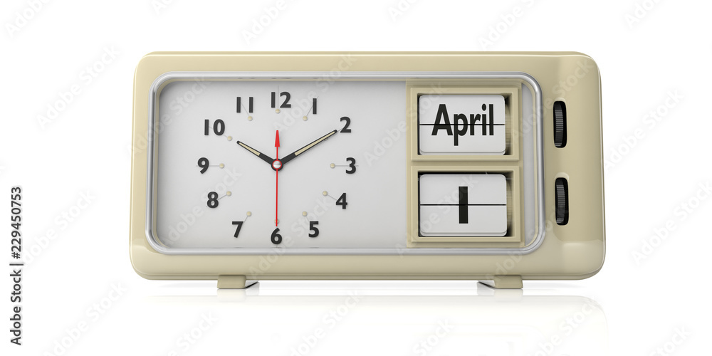 April fool's day on old retro alarm clock, white background, isolated, 3d illustration. April fool's day on old retro alarm clock, white background, isolated, 3d illustration.