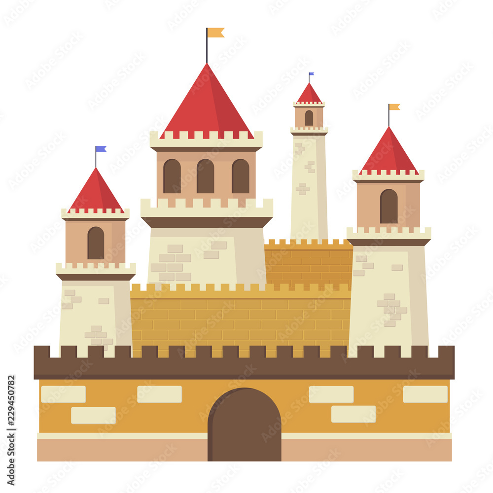 Cute fantasy middle sentury castle isolated vector illustration.